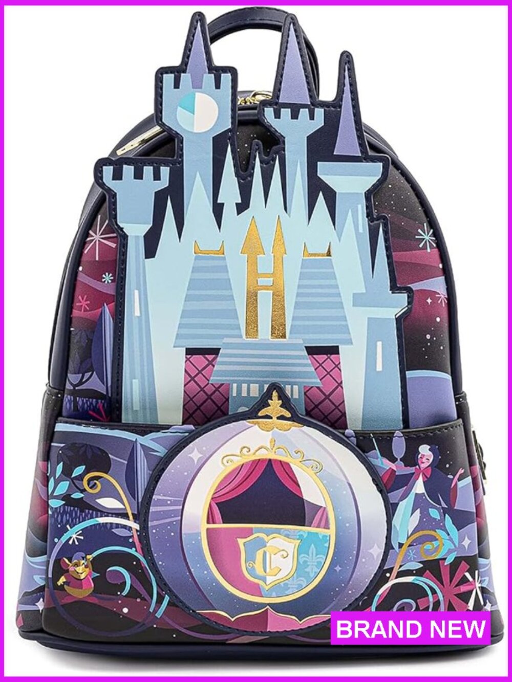 Faux Leather Shoulder Bag With Double Straps Disney Castle Applique Chic Fashion